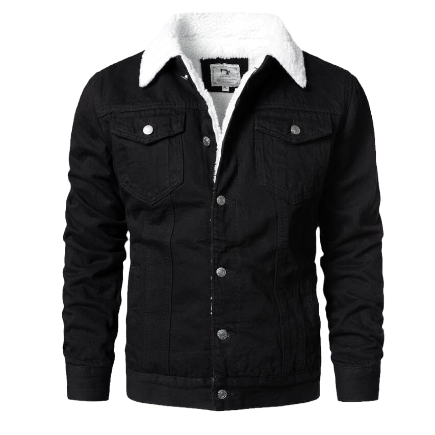 CJQJPNZ Men Black Denim Jackets Solid Casual Denim Coats Male Winter Fleece Cotton Jeans Jackets Warm Coats