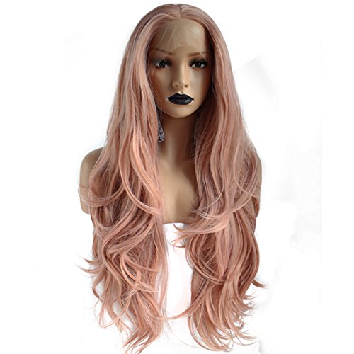 Anogol Hair Cap+Pink Lace Front Wig Synthetic Hair Long Natural Wavy Wigs Middle Part Half Hand Tied Hairstyles For Women Pary