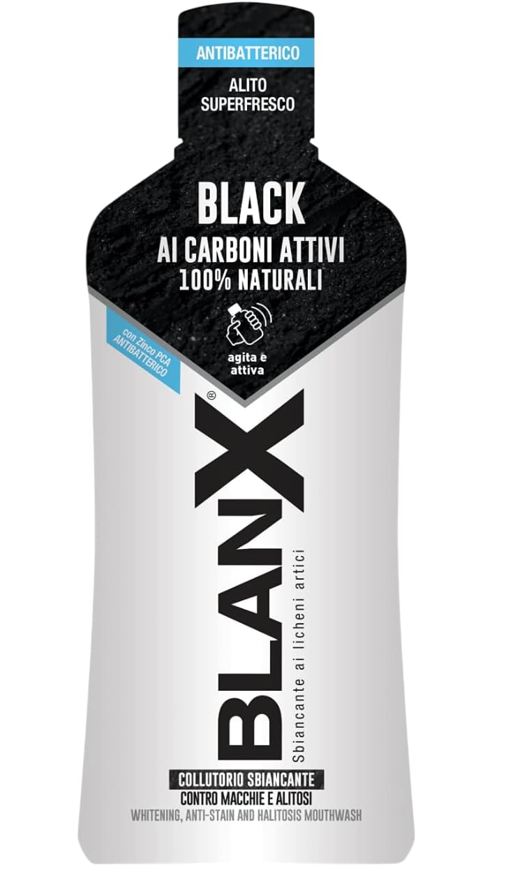 6 X BlanX Collutorio Sbiancante Black, Sbiancante Nero Acqua Boccale per Igiene Orale, Anti Macchie e Sbiancante Boccale 500 ml + Beni Culinari Portachiavi Gratis
