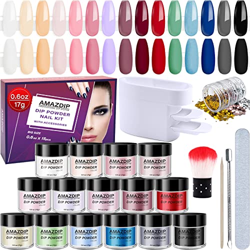 21pcs Dip Powder Nail Kit 15 Classic Sheer Colors Refills Collection, 17g/jar Dipping Powder System Accessories Set, Dip Powder Recycling Tray, Nail File&Brush, Cuticle Pusher, Glitter Chunky Sequins