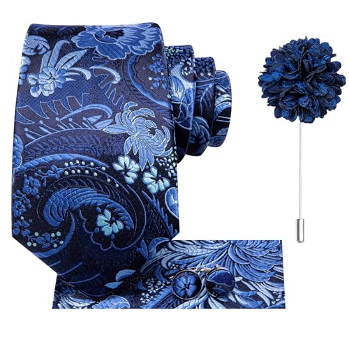 Image of Hi-Tie Men's Tie Lapel Pin Set Pocket Square Cufflinks Formal Woven Silk Tie Sets Wedding Party