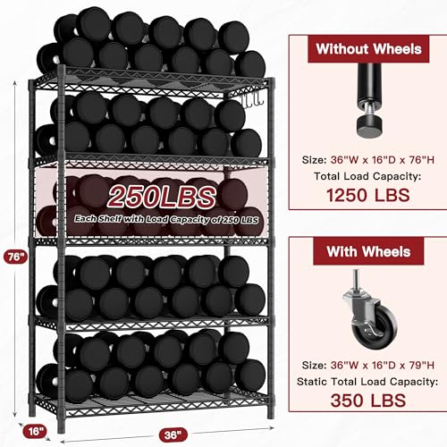 Image of PrimeZone 36 inchW x 16 inchD x 79 inchH Wire Shelving with Wheels, 5-tier Metal Shelf | NSF Certified, Heavy Duty Pantry Storage Shelves, Rolling Bakers Rack with 4 Hooks, Kitchen Shelving Unit for Closet 4PCS