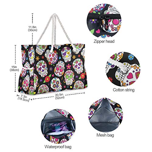 ALAZA Beach Bag, Day of the Dead Sugar Skull Halloween Travel Tote Bags for Camping, Exercise3