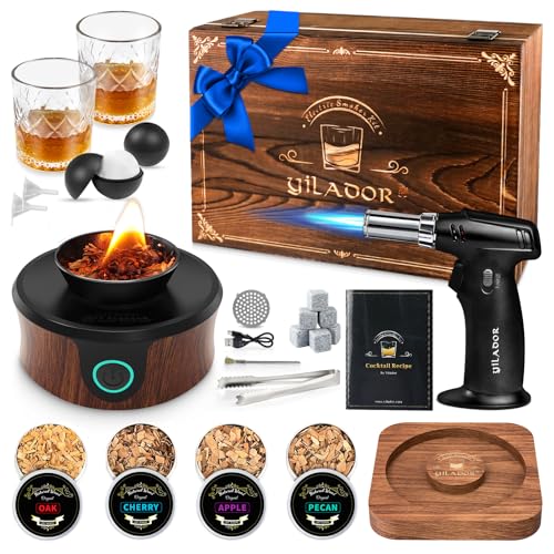 Electric Whiskey Smoker Kit with Torch, Father's Day Gift, Premium Wooden Box, 4 Wood Chips, Ice Molds, Recipes, Cocktail Smoker Kit for Bourbon & Old Fashioned, Ideal Gift for Dad, Men (No Butane)