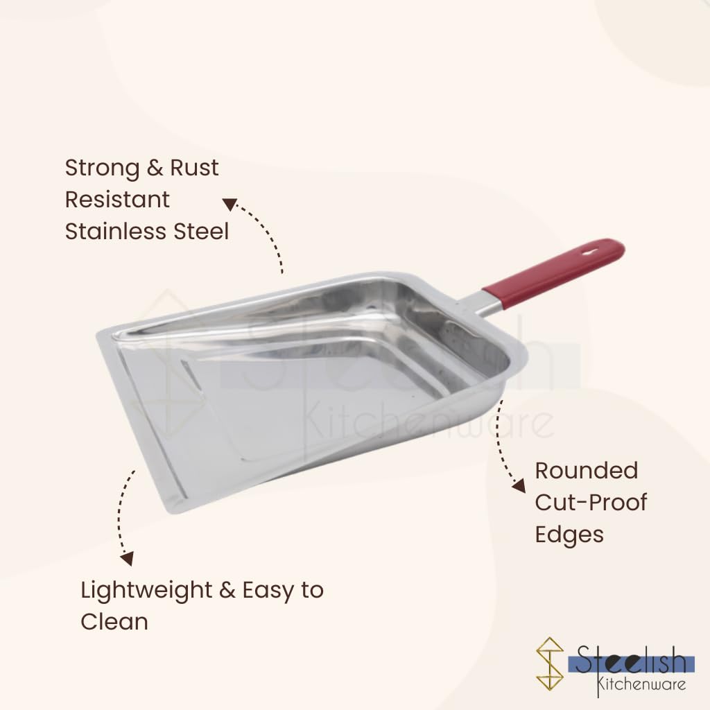 Steelish Stainless Steel Dustpan for Cleaning | Durable Supdi for Kachra & Floor Cleaning | Silver Dusting Pan with Red Handle | Rust-Resistant Kuda Supdi for Home, Kitchen - Pack of 3 3