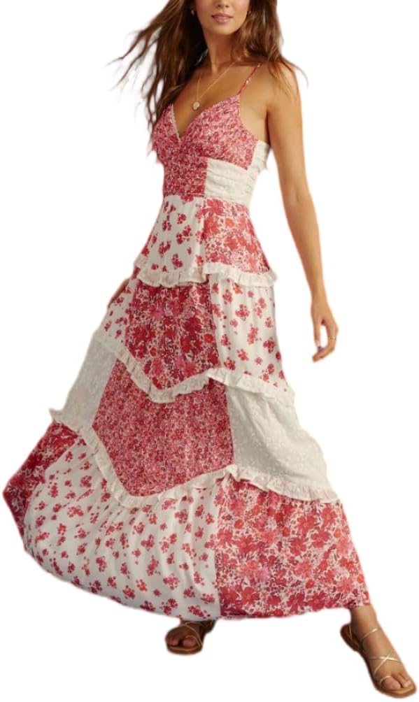 Women Boho Floral Tie Shoulder Maxi Dress Flowy Patchwork Smocked Long Sundresses Summer Ruffle Y2k Sleeveless Dresses