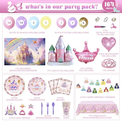Image of 164 PCS Princess Birthday Party Decorations For Girl, 12 Tableware Sets, Castle Balloons, Balloon Arch, Disposable Paper Plates, Backdrop, Balloon Pump, Princess Party Decorations