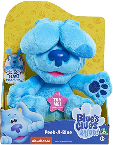 Blue's Clues & You - Las Pistas de Blue y Tú, Peek/A/Boo, Peluche de 25cm Interactivo del Perro de la Serie, Juego del cucú Tras, Mueve Las Orejas, Tiene Sonido, ladra, Famosa, (BLU02100)