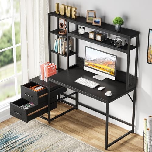 Image of Tribesigns 55 Inch Computer Desk with 2 Drawers and Storage Shelves, Rustic Office Desk with Hutch, Study Writing Gaming Table Laptop Workstation for Home Office (Black)
