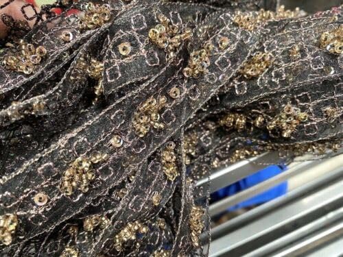 Eggplant Embroidered Hand Beaded 7/8" Metallic Trim Glass Sequins 1yd Eggplant Fabric