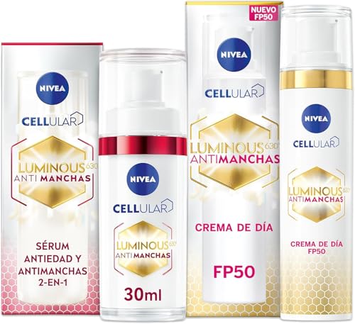 NIVEA Cellular Luminous630 - Set Antimanchas Crema de Día FP50 40 ml + Sérum 2 en 1 Antimanchas y Antiedad 30 ml - Con Ácido Hialurónico - Reduce Manchas Oscuras - Rellena Arrugas - Todo Tipo de Piel