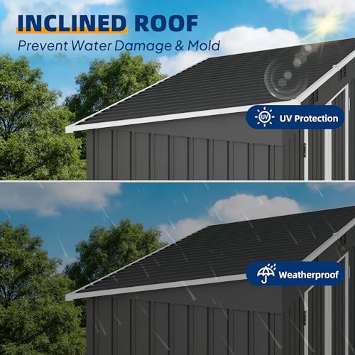 Image of UDPATIO 8x4 FT Metal Storage Shed,Outdoor Shed,Garden Shed for Patio,Grey | All-Weather,Sloping Roof,Lockable Door,Air Vent,Upgraded Full-Frame Structure,Patio,Lawn,Garden,Backyard,Bicycle,Tool,Bicycle