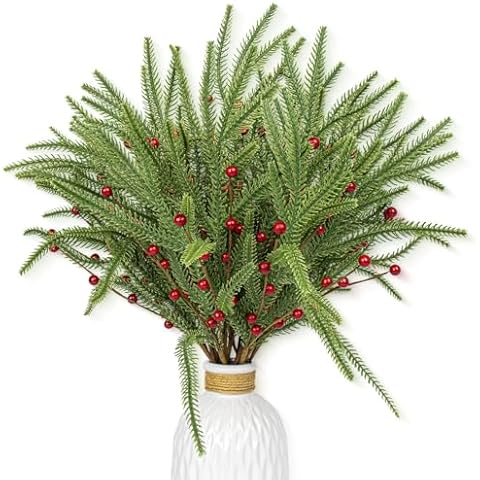 JINGHONG 20 PCS Christmas Branches 17 Inch Artificial Christmas Tree Picks with Red Berries Norfolk Pine Branches for Xmas Tree Floral Arrangements Centerpieces Christmas DIY Crafts Cover