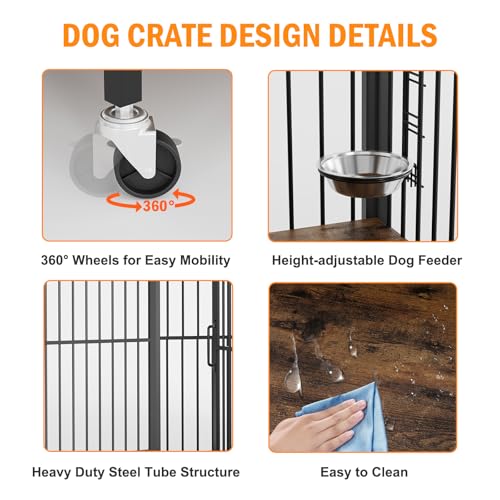 Small-Dog-Crate-Furniture-Wooden-Dog-Kennel-Indoor-with-Adjustable-Height-Feeder-Heavy-Duty-Dog-Crate-with-360-Wheels-for-Easy-Mobility-Sturdy-Metal-32-L-x-205-W-x-215-H-Rustic-Brown - Cucciolini Doodles Small-Dog-Crate-Furniture-Wooden-Dog-Kennel-Indoor-with-Adjustable-Height-Feeder-Heavy-Duty-Dog-Crate-with-360-Wheels-for-Easy-Mobility-Sturdy-Metal-32-L-x-205-W-x-215-H-Rustic-Brown