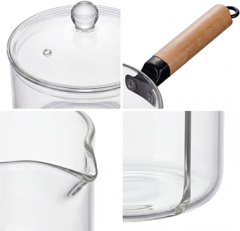 Condition photo showing New/Like New for glass pot for cooking on kitchen, 56 oz clear cooking pot with a long wooden handle and pan set simmer saucepan resistant safe for pasta noodle soup milk baby food (1600 ml) 2 liters