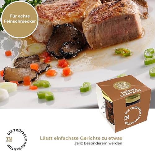 Die Trüffelmanufaktur - Feinkost Trüffel Carpaccio in feinen Scheiben und eigenem Sud, schwarzer echter Sommertrüffel, Trüffelscheiben im 30 g Glas perfekt als Beilage und zur Dekoration