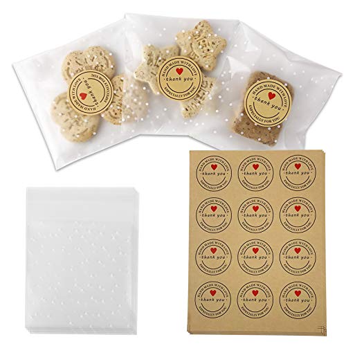 120PCS Self Adhesive Cookie Bags, Treat Bags, Searik White Polka Dot Plastic Pastry Bags with Thank You Labels for Party Gift Giving Bakery