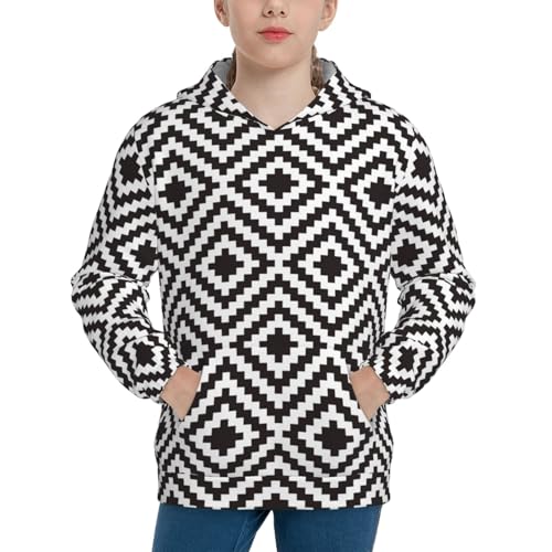 Black and White Geometric Kids Pullover Hoodies Boys Sweatshirts Girls Athletic Clothes with Pocket