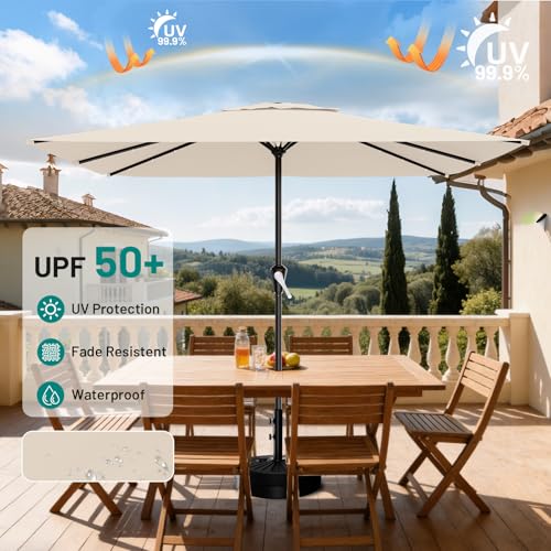Image of AreShark 8' X 10' Rectangular Patio Umbrella with Solar Lights, Lighted Solar Umbrella with Crank, Outdoor Table Umbrella for Garden, Deck, Backyard, Pool and Beach, Cream-White