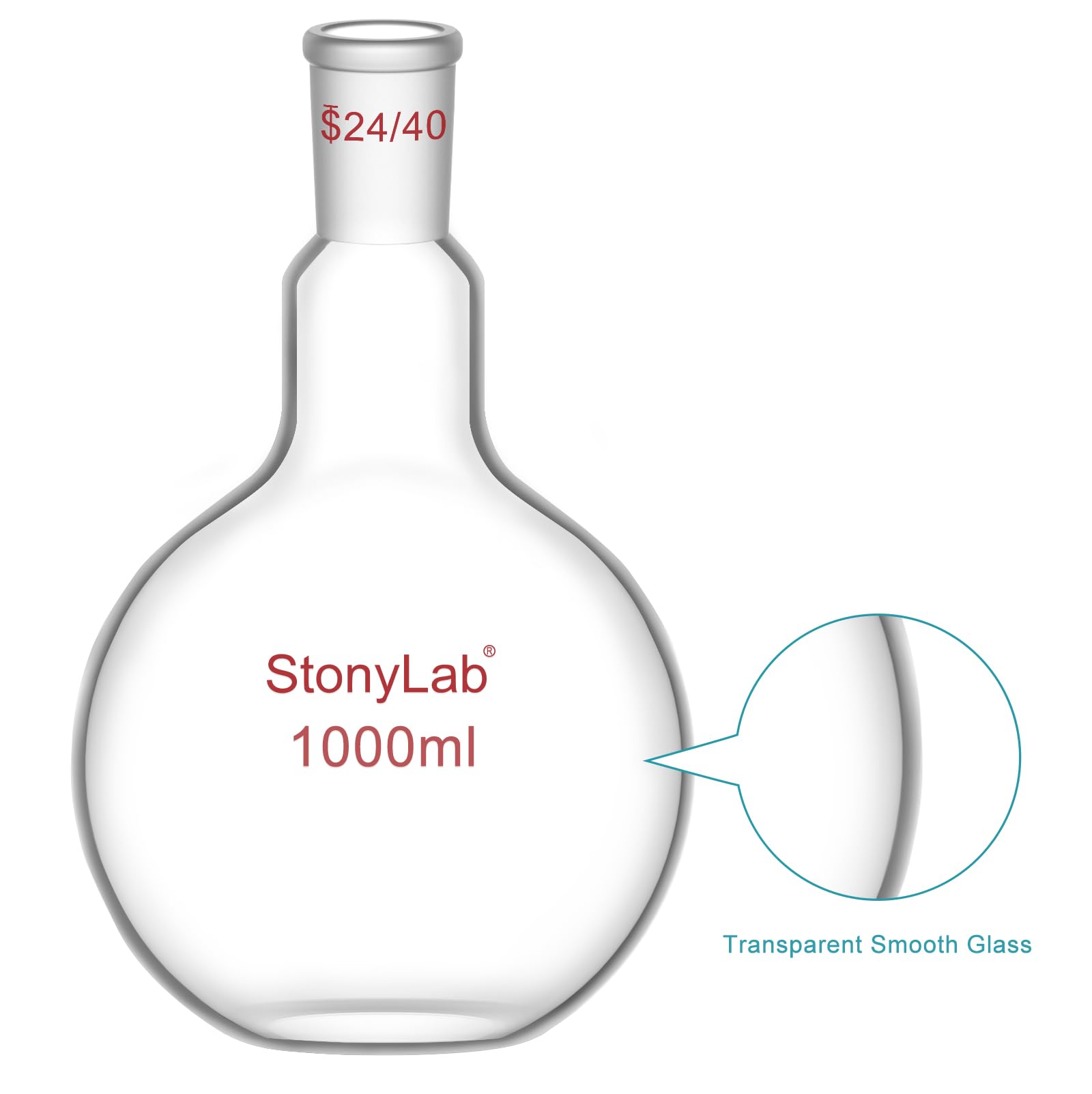 StonyLab Borosilicaté Verre Simple cou Fond plat Ébullition Flasque, Ballons de Laboratoire Single Neck Flat Bottom Boiling Flask avec 24/40 Standard Cône Joint Extérieur - 1000ml