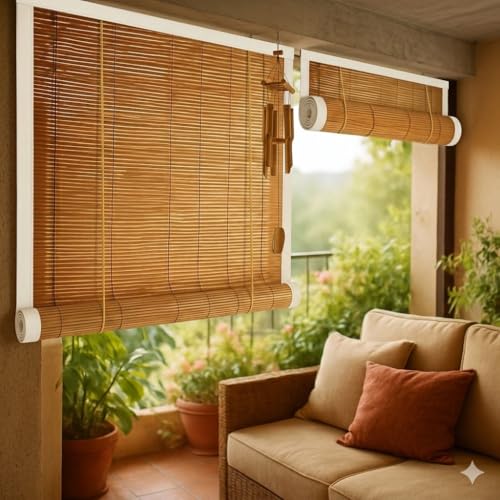 Image of Bamboo Curtains, Brown, Outdoor Rain Sun Dust Privacy Protection, Traditional Style, Rod Pocket, Light Filtering, for Window Door Balcony (3x7)