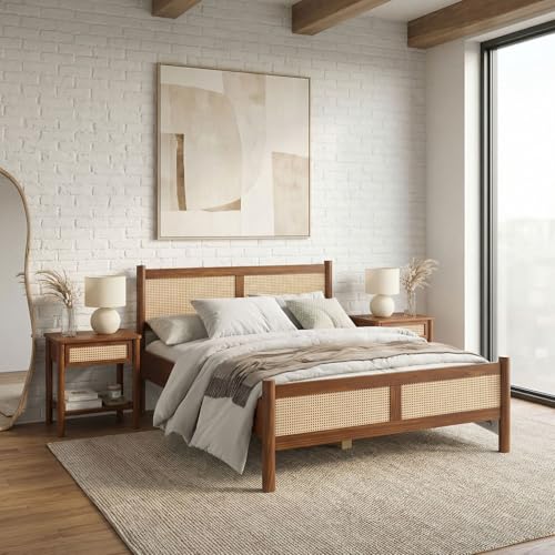 IDIMEX Lit en bois massif CEFIRA 140 x 200 cm avec tressage en rotin et finition châtaignier – Lit double en bois de pin massif, lit en bois solide de style...