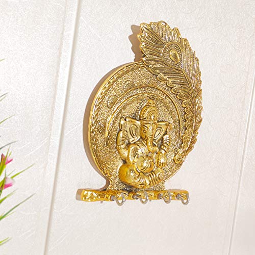 Image of KridayKraft Metal Ganesha ji Key Holder with Meena Work Decorative for Wall | Ganesh Statue /Religious | Idol /Wall Hanging (Ganesh Pankhi)