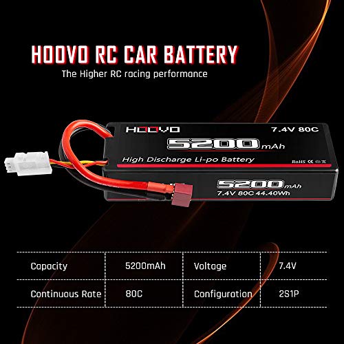 HOOVO 2S 7.4V 5200mAh 80C RC LiPo Battery Hard Case with Deans Connector for RC Buggy Vehicles Car Boat Truck (2 Pack)