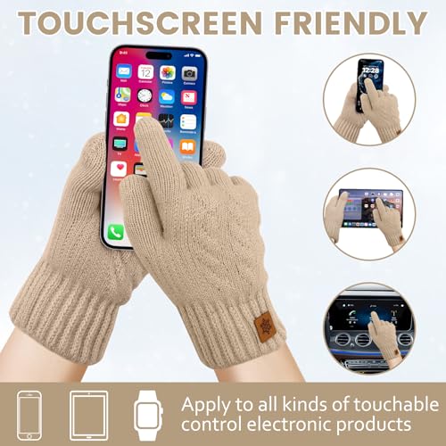 Zepphi Winterhandschuhe Damen mit Fleecefutter, Touchscreen Warme Fleece Strickhandschuhe Thermo Winter Handschuhe Herren für Outdoor Sport Laufen Radfahren Freizeit ski reithandschuhe (Beige)