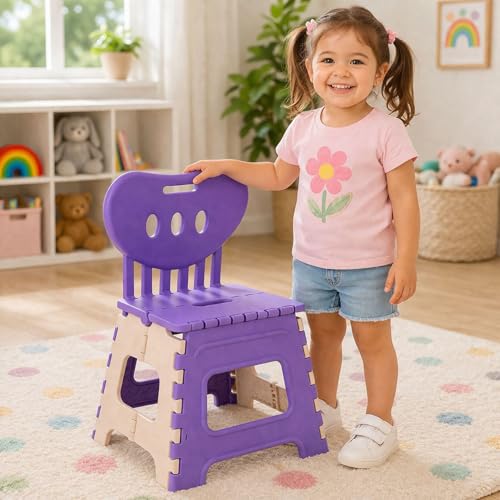Image of A to Z Hub Folding Plastic Chair with Backrest for Kids & Adults | Portable, Lightweight, Durable Step Stool Seat | Space Saving, Easy to Carry, Indoor Outdoor Multipurpose Chair Brown (Purple)