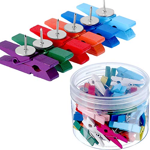 TONGXU 70PCS Clips de Fotos de Madera con Chinchetas de Corcho Multicolor Pinzas Decorativas para Manualidades Notas Archivos Mapas Oficina Escolar Hogar