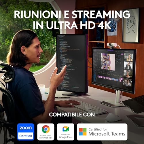 MX Brio per collaborazione, streaming Ultra HD 4K, 1080p a 60FPS, due microfoni con riduzione del rumore, Show Mode, USB-C, copertura webcam, Microsoft Teams, Zoom, Google Meet, Grigio chiaro - Webcam - Immagine 1