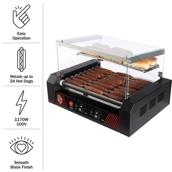 Image of Hot Dog Roller - Stainless-Steel 9-Roller Hot Dog Machine with Bun Warmer and Cover - Hotdog Roller Grill for 24 Hot Dogs by Great Northern Popcorn