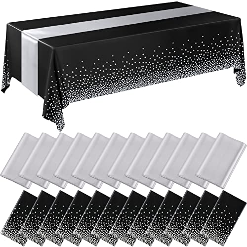 Image of Breling 24 Packs Black and Silver Disposable Plastic Tablecloths and Satin Table Runner Set, 54 x 108 Inch Tablecloth, 12 x 108 Inch Table Runners for Wedding Graduation Birthday Baby Shower