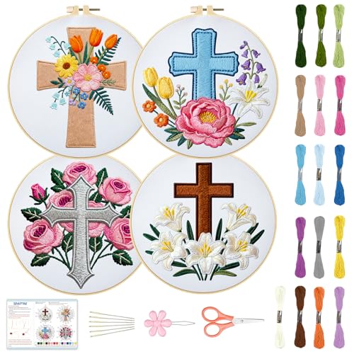 Image of BEUNITONE 4Set Cross and Flowers Pattern Embroidery Kit for Adult Beginners | DIY Cross Stitch Kits, Complete Needlepoint Kits for Adults, Handmade Embroidery for Gifts, Fabric and Home Decor 20x20cm