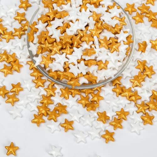 Image of Edible Star Sugar Sprinkles,Gold and White Mix Size,130g,Candy Star Sprinkle for Cake Decorations and Cupcake Toppers, Ice Cream,Wedding Party Decorations
