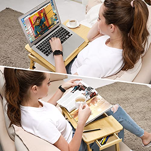 Zipom 100% Portable Bamboo Laptop Stand Foldable Desk Notebook Table Laptop Bed Tray Bed Table, play games on bed Table with Drawer (19.5in-flower)