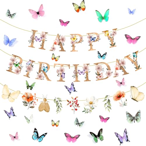Flower Butterfly Happy Birthday Banner Wildflower Garland with Butterfly Sticker Set for Baby in Bloom Baby Shower Groovy Floral Fairy Butterflies Party Decorations