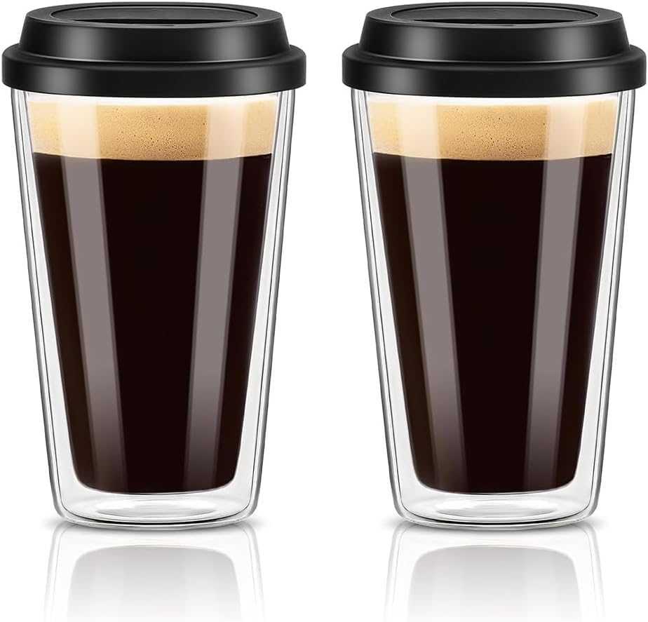 Tel Charme * 2 Pack 350ml Double Walled Insulated Iced Coffee Glass with Silicone Lids, Iced Coffee Cups, Espresso Cups, Tea, Latte, Coffee Glasses, Travel Mugs, Heat Resistant