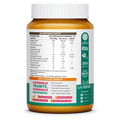 Image of Trubite Natural Peanut Butter (Crunchy) | Unsweetened | 30g Protein | Non GMO | Gluten Free | Cholesterol Free (1KG)