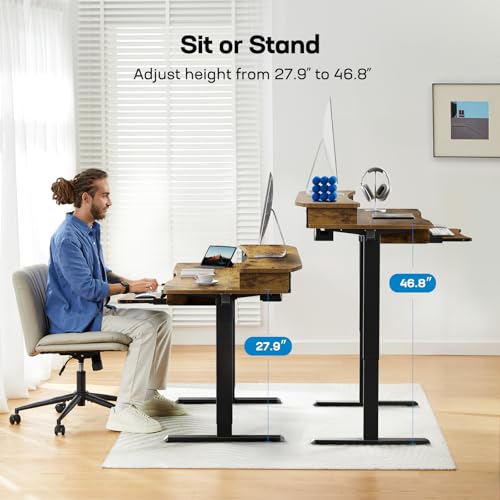 Image of HUANUO 55 inch x 26 inch Electric Standing Desk with 2 Drawers & 26.7 inch Large Keyboard Tray, C-Clamp Mount Compatible, Adjustable Computer Desk for Home Office, Stand Up Desk with 4 Height Presets, Vintage