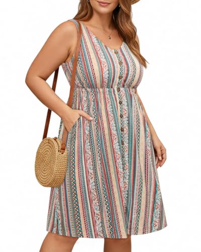 Image of Holipick Women's Plus Size Summer Dresses for Women Casual Dress with Pockets A-Line Swing Button Down Sleeveless V Neck