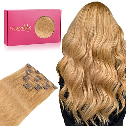 WENNALIFE Clip in Hair Extensions Real Human Hair, 18 Inch 120g 7pcs Remy Hair, Strawberry Blonde Straight Natural Coloured Extensiones De Cabello Humano Con Clip Ins