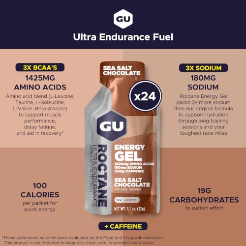 Image of GU Energy Roctane Ultra Endurance Energy Gel, Vegan, Gluten-Free, Kosher, and Dairy-Free On-The-Go Sports Nutrition for Running, Biking, Hiking or Skiing, Sea Salt Chocolate, 24-Count