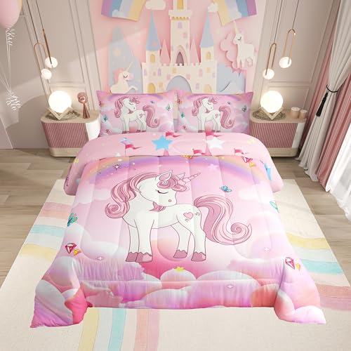 Image of Erosebridal Unicorn Bedding Set for Girls King Size Pink Purple Unicorn Comforter Set with Rainbow Diamond Galaxy Stars Fantasy Girls Room Decor Rainbow Unicorn Duvet Insert Reversible Quilt