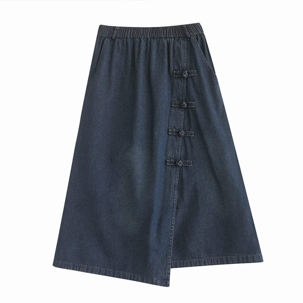 Röcke,Damen Maxirock Dunkelblau Elastische Taillennähte Knopfschlitz Jeansrock Mit Tasche A-Linie Geraffte Lässige Lange Röcke Für Mädchen Damen,S