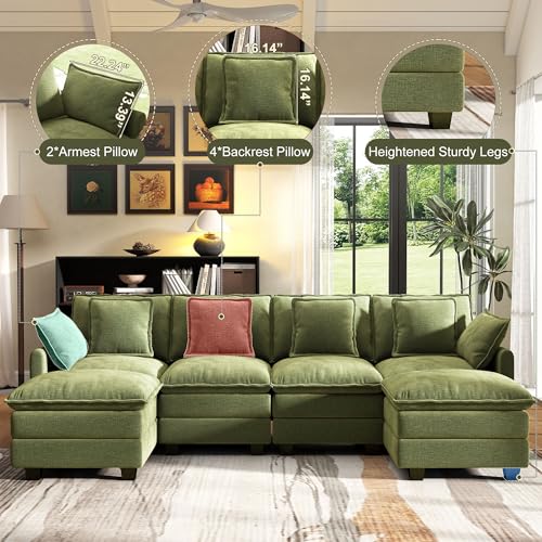 Image of 107 inch Cloud Couch Sectional Modular Sofa, Deep Seat Couches with Ottoman and Removable Washable Pillows for Living Room, Bedroom, Apartment, Green