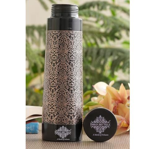 Image of INDIAN ART VILLA Copper Drinkware Gift Pyramid Shape Dark Embossed Design Copper Bottle, 800 ML, Prined Dark Brown