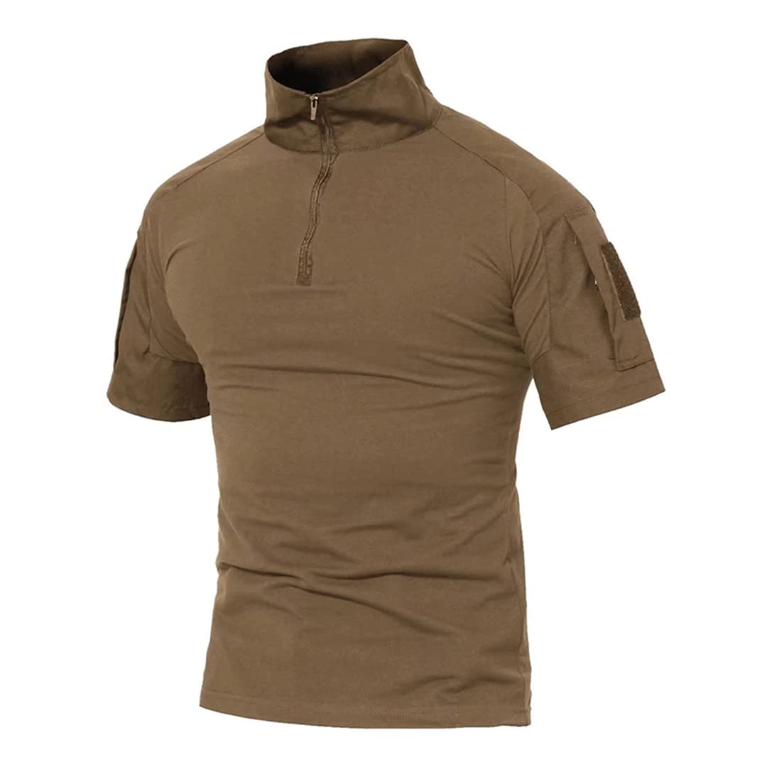 T-Shirt Militare da Uomo T-Shirt Tattica Manica Corta 1/4 Zip Abbigliamento Militare t-Shirt Lavoro Escursionismo Campeggio (Marrone L)