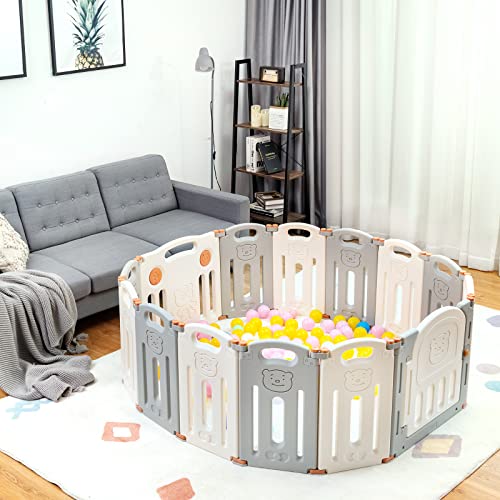 Costzon Baby Playpen, 14-Panel Foldable Large Baby Playard W/Locking Gate, Non-Slip Rubber Bases, Adjustable Shape, Portable Baby Fence Play Area Design For Indoor Outdoor Use (Beige + Gray) #TOP5